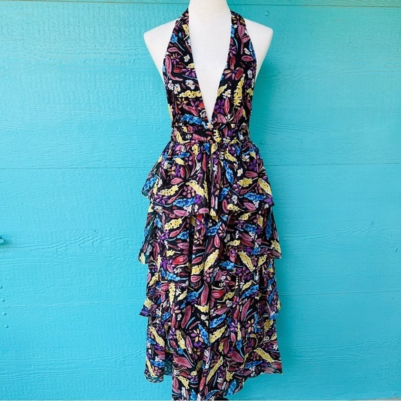 MEET ME IN SANTORINI FLORAL HALTER TIERED RUFFLE FOREST FAIRY MAXI DRESS SIZE XS - Picture 10 of 15